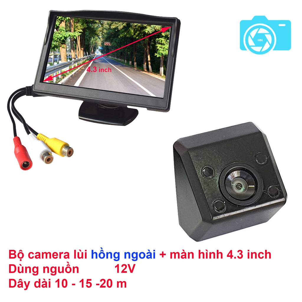 Bộ màn hình đặt taplo và camera lùi hồng ngoại, 4 đèn hồng ngoại, jack cắm AV, vỏ màu đen, nguồn 12V