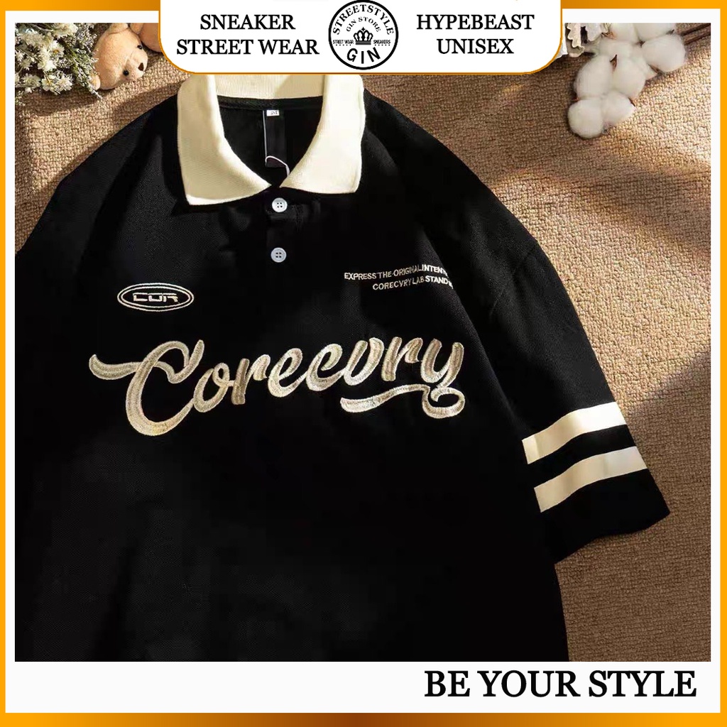 Áo polo unisex tay lỡ form rộng Coreeory, áo thun có cổ nam nữ chất cotton - Gin Store