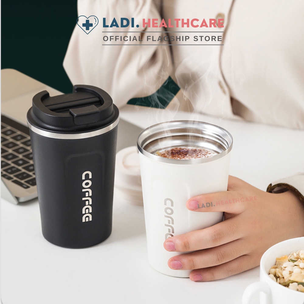 Cốc giữ nhiệt 510ml LADI ly coffee holic inox 304, bình giữ nhiệt 12h tặng Sticker trang trí