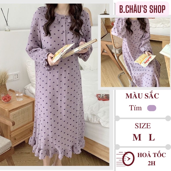Đầm ngủ nữ dài tay mùa thu rộng rãi thoáng mát | Váy ngủ nữ dễ thương hoạ tiết xinh xắn
