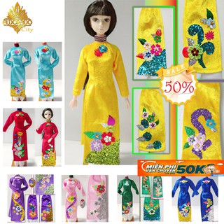 Áo dài búp bê nhiều màu sắc, áo dài nhung có vẻ nổi các họa tiết