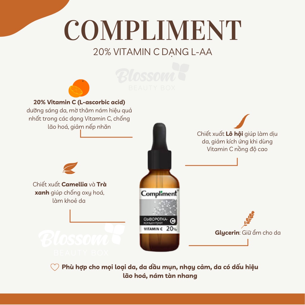 Serum sáng da mờ thâm nám Vitamin C 20% COMPLIMENT (Nga) 27ML