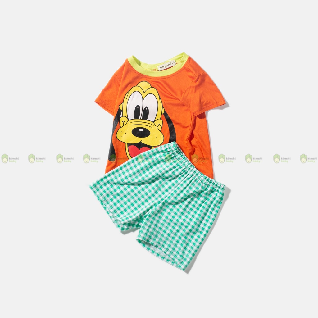 Bộ Cộc Tay Cho Bé Trai, Bé Gái Minky Mom Vải Thun Lạnh Hoạ Tiết Hoạt Hình Quần Caro, Bộ Quần Áo Trẻ Em Mặc Nhà MKM2241