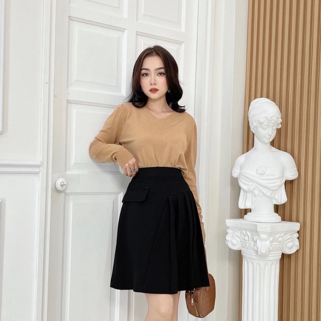 Chân váy Đi Chơi NHẬT VY Dập Ly Kiểu Đắp Túi Chất Kaki Thun Dáng Xoè Màu Nude, Đen - D2349