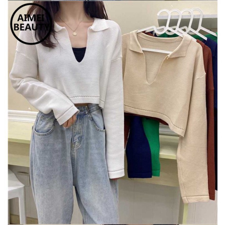 ☘Áo croptop dệt kim tay dài cổ chữ V thời trang phong cách Hàn Quốc☘ -Hàng Quảng Châu ☘☘Vải Đẹp☘☘