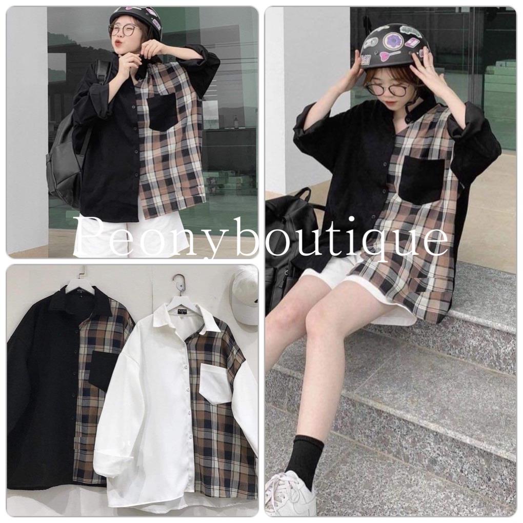 Áo Sơ Mi Nữ Phối Caro Kẻ Nâu form rộng freesize hucott