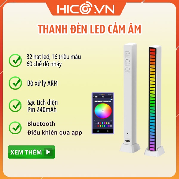 Đèn led, Thanh Đèn Led RGB Nháy Theo Nhạc 16 Triệu Màu Điều Khiển Bằng Cảm Biến Âm Thanh, Đèn Trang Trí Decor Phòng