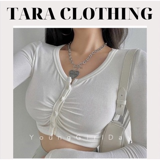 Áo croptop ôm body cổ U tay dài phối cúc nhún ngực quyến rũ