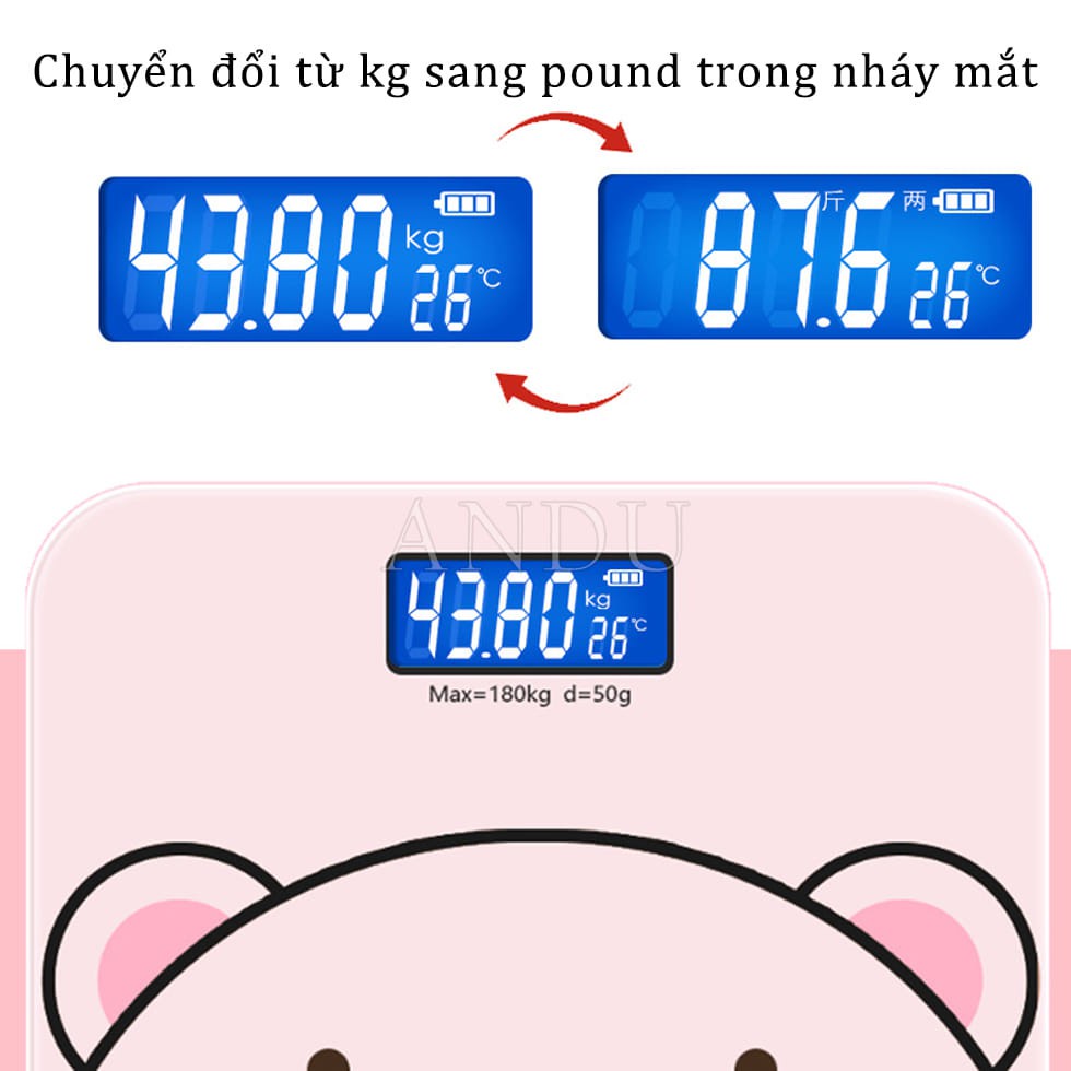 Cân Điện Tử Heo Hồng Mặt Kính Cường Lực, Thiết Kế Gọn Nhẹ Tối Đa 180kg