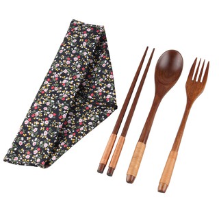 Bộ dụng cụ ăn trưa gồm thìa + nĩa + đũa bằng gỗ