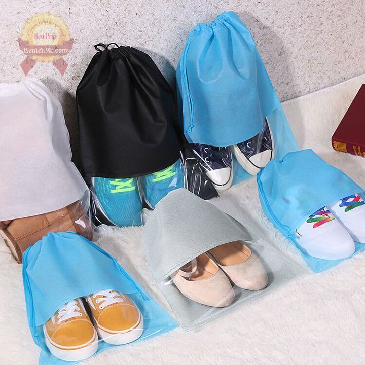 Túi đựng giày dép vải Oxford không dệt trơn dây rút có phần trong suốt