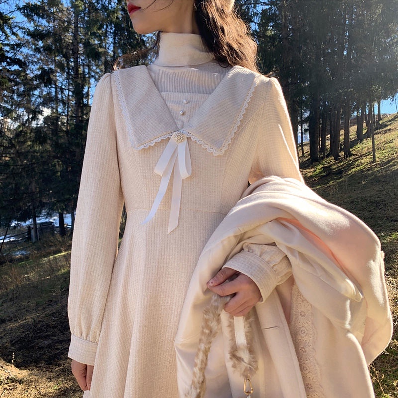 Đầm Trắng Dài Tay Chiết Eo Phong Cách Retro Pháp Thanh Lịch Cho Nữ