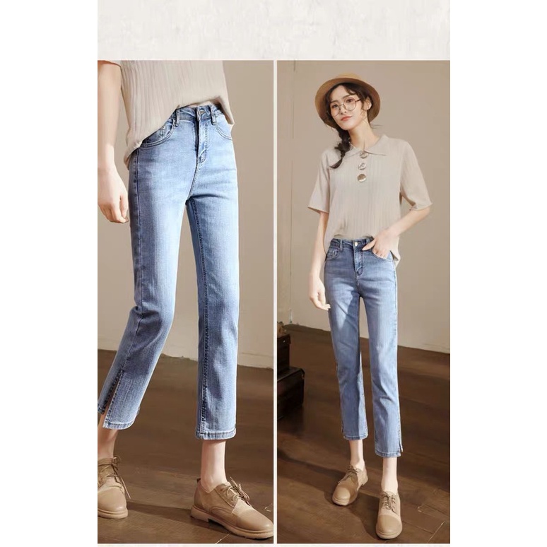 SUXI Quần jean nữ lưng cao xẻ ống phong cách Hàn Quốc