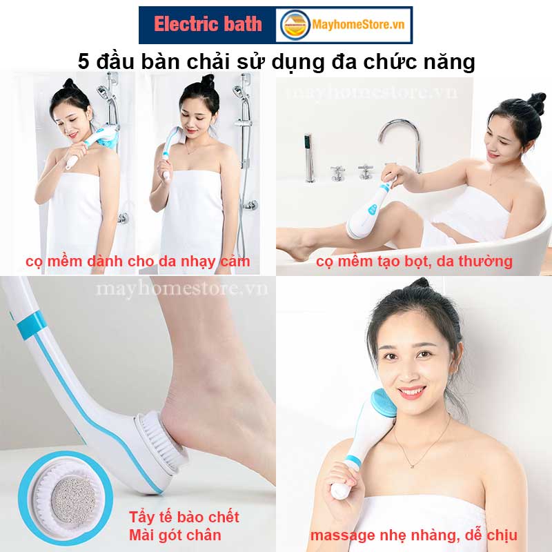 Bàn Chải Tắm Điện Chống Nước Cầm Tay Sạc Pin Với 5 Đầu Làm Sạch Da, Tẩy Tế Bào Chết, Mềm Mại Với Da, Massage Nhẹ Nhàng
