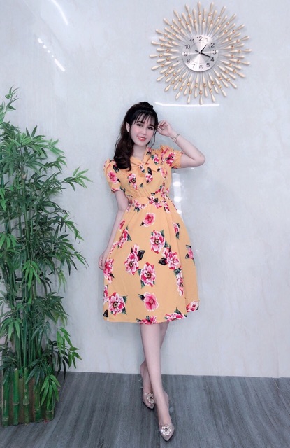 ẢNH CHỤP THẬT - Đầm xoè lụa hoa tiểu thư nơ cổ -MS12B- Free size đến 56kg