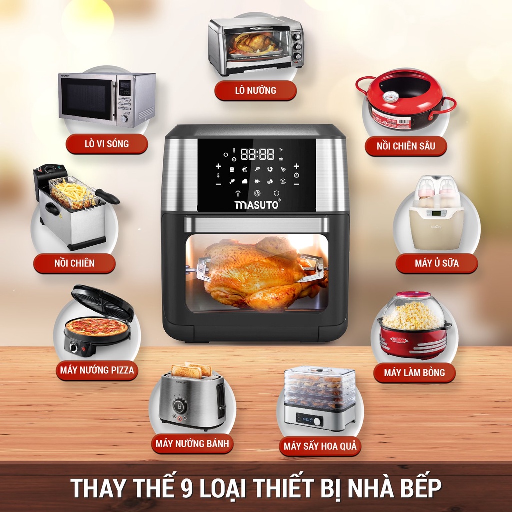 Nồi Chiên Không Dầu Masuto Air Fryer 12L Cảm biến Cảm ứng Thông Minh , tặng gang tay chiu nhiệt , giảm 90% chất béo