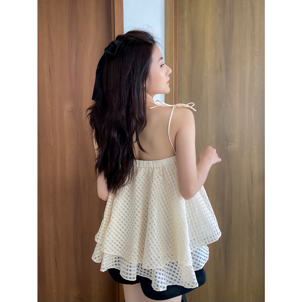 Áo 2 dây trễ vai dáng xòe [2 Lớp] Áo bẹt vai nữ chất tơ kính A-TVO