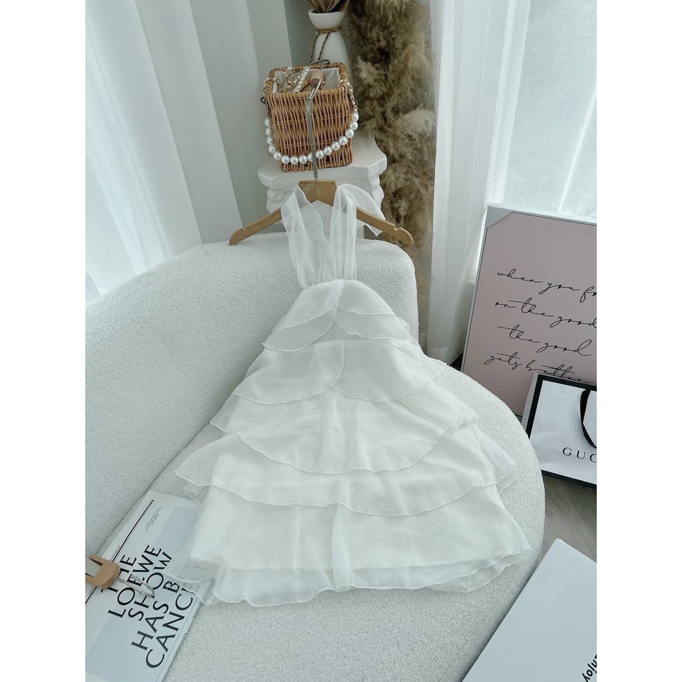 Đầm Cổ Yếm 💖DEMISS💖 Váy Cổ Yếm Voan Nude Rớt Vai Bèo Tầng Điệu Đà - V-Trắng-979