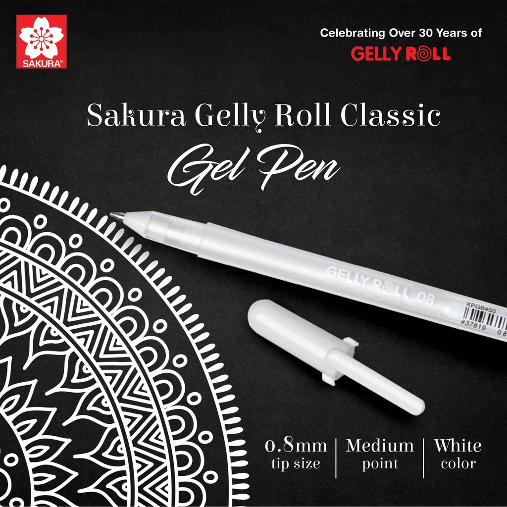 Bút bi mực Gel màu trắng Sakura Gelly Roll White 08 Medium Point Ngòi 0.4mm