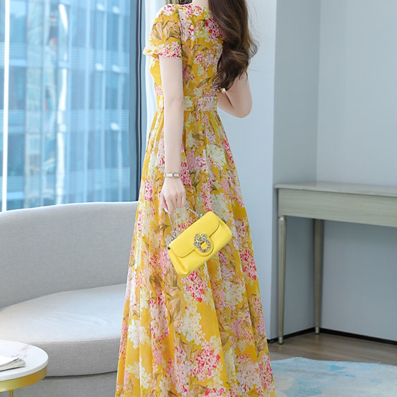 Đầm Maxi Tay Ngắn Cổ Vuông In Hoa Phong Cách Boho Thời Trang Cho Nữ