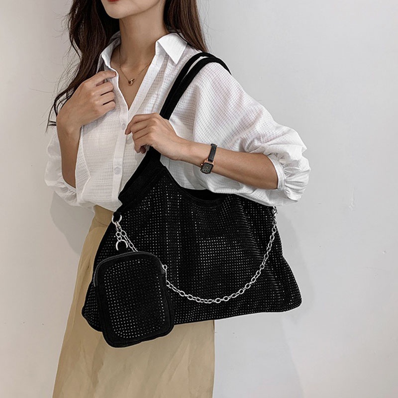 Ielgy Net Túi Xách Đeo Vai Sức Chứa Lớn Đính Kim Cương Toàn Diện Dễ Phối Đồ Cho Nữ