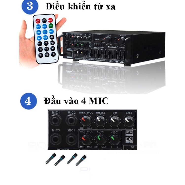 Amply karaoke, Amply mini bluetooth 5.0 SUNBUCK 326BT 220V/12V, công suất cao, 4 cổng Mic đa năng,hát karaoke siêu