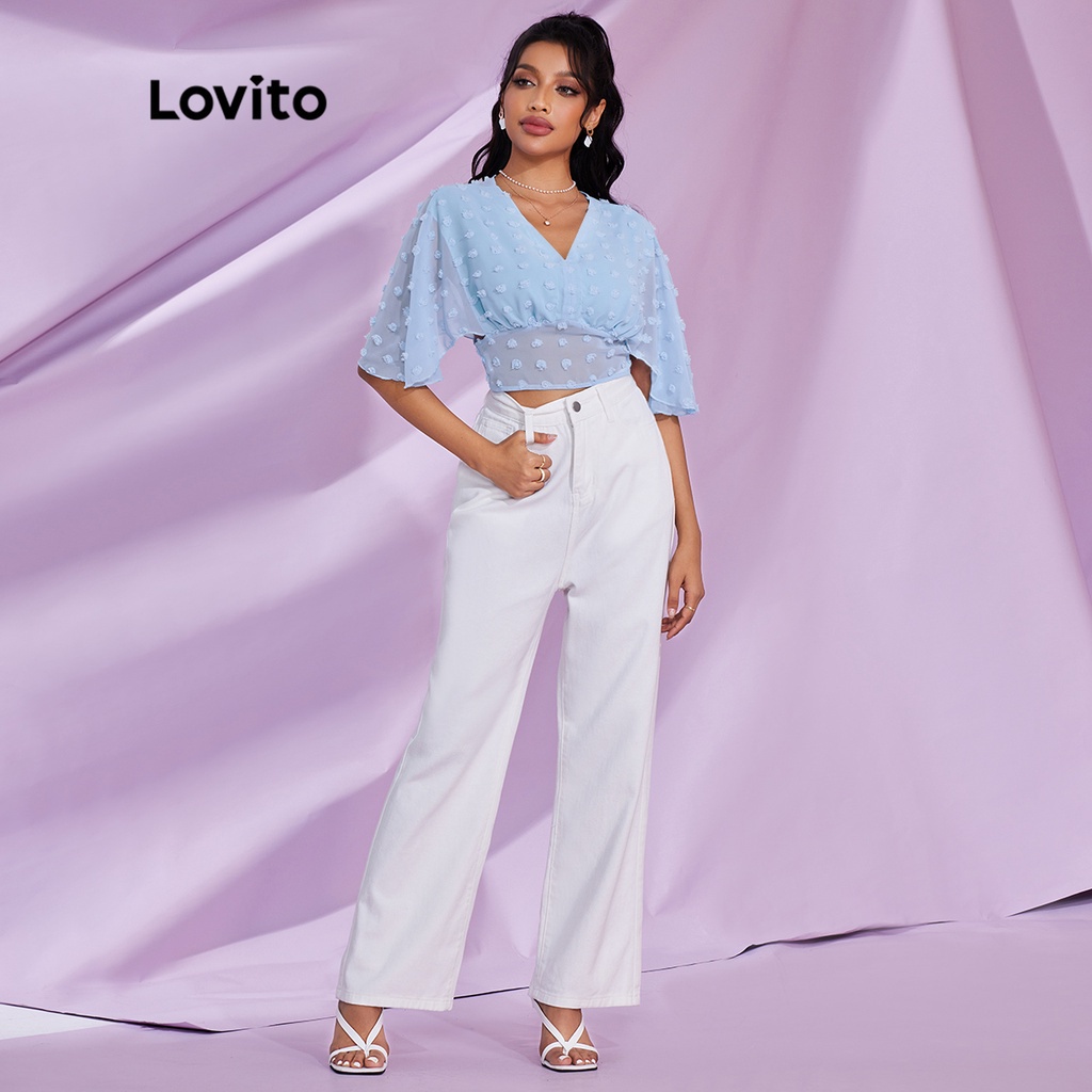 Lovito STIPPLING WORLD bình thường Tay ngắn cổ chữ V Áo L28LE052 (Xanh Nhạt)