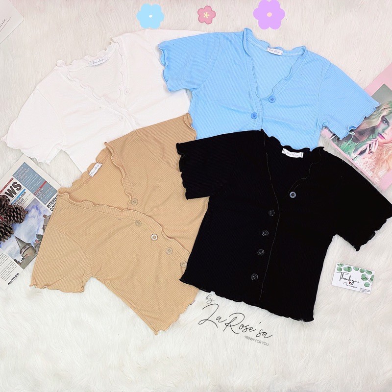 🌺 Áo Croptop Tay Ngắn Cuốn Biên Cài Nút Ngực 🍂