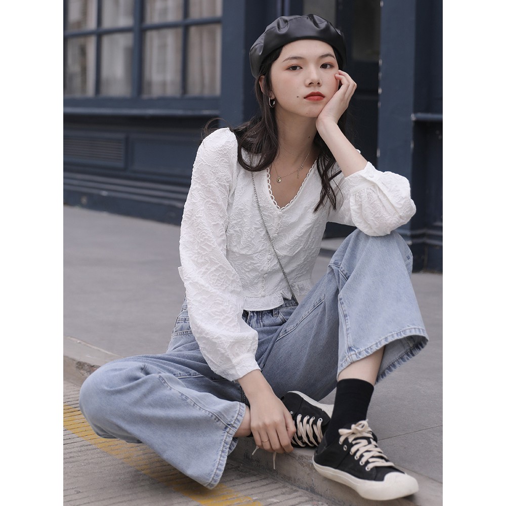 Cocory vn Quần jean lưng cao ống rộng thời trang dành cho nữ