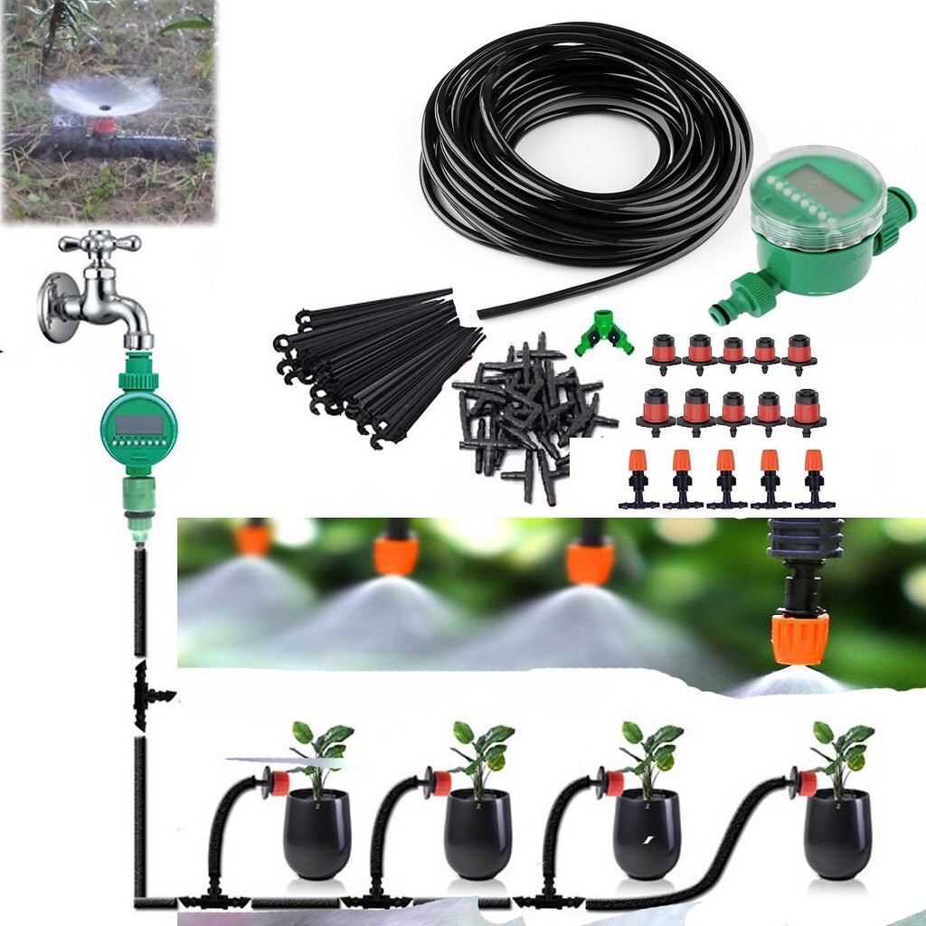 Bộ tưới tự động phun sương kết hợp tưới nhỏ giọt hẹn giờ đồng hồ pin kèm đủ phụ kiện