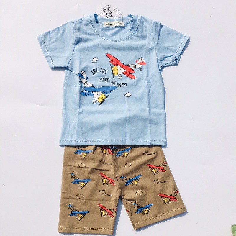 Bộ Cộc Tay Cotton 100% Minky Mom Cho Bé Họa Tiết Phương Tiện Giao Thông, Bộ Hè Trẻ Em Ngắn Tay