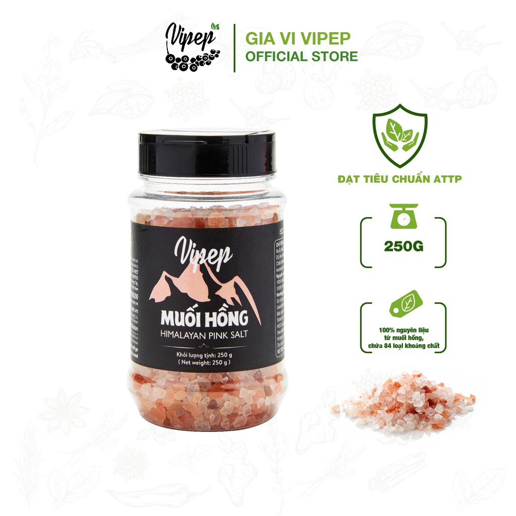 Muối hồng Himalaya nguyên hạt 100% Vipep chuyên dùng sơ chế món ăn, gia vị tẩm ướp 250g