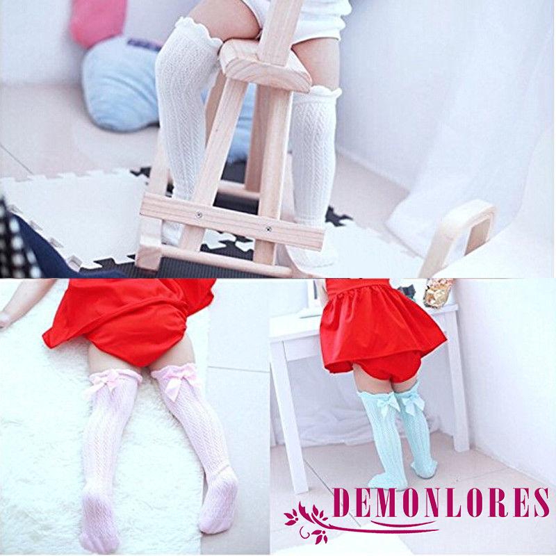Vớ lưới cá dài qua gối bằng vải cotton thoáng khí phối nơ bướm màu trơn thời trang mùa hè 2020 dành cho bé gái