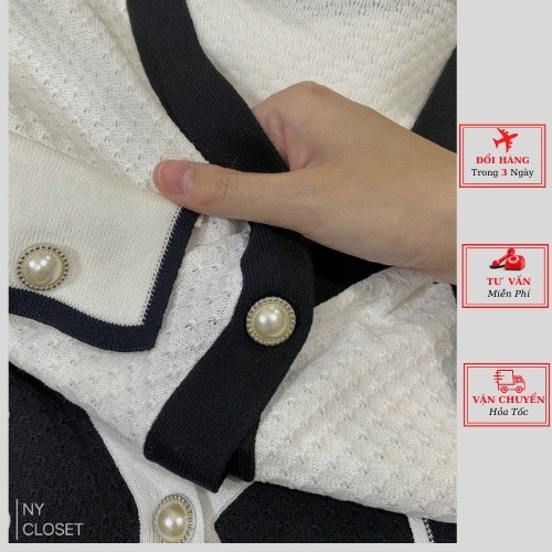 Áo Cardigan Dệt Kim Tay Dài Cổ Chữ V Cúc Ngọc Màu Đen Trắng Phong Cách Hàn Quốc thời trang nữ yolo fashion
