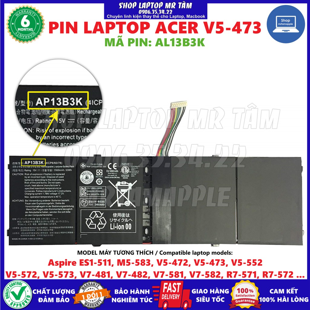 Pin Laptop ACER V5-473 (AL13B3K) - 6 CELL - Aspire M5-583 V5-472 V5-473 V5-552 V5-572