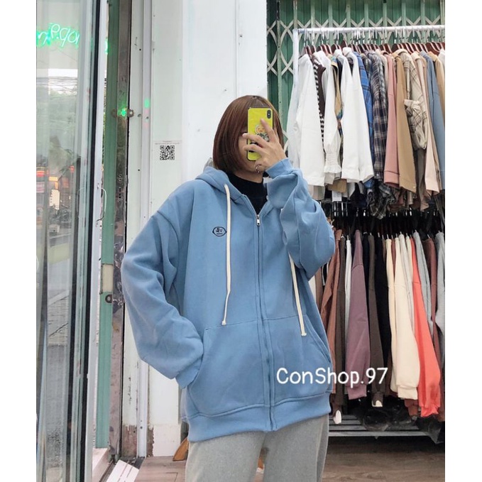 Áo Hoodie Nỉ Bông kéo khoa lót nhung Unissex Cho Cả Nam Nữ Thêu Mặt Em Bé, HOODIE Form rộng, Áo khoác Nỉ