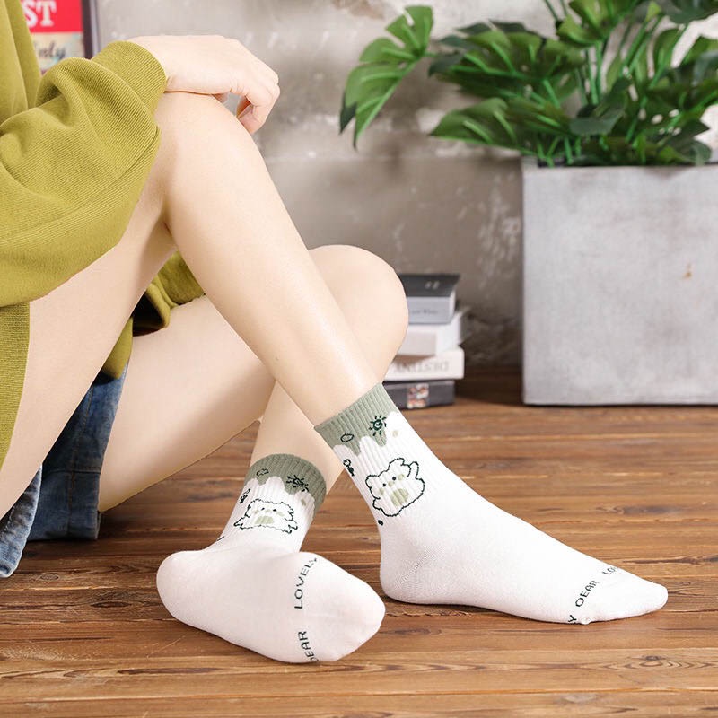 Tất vớ cổ cao vải Cotton co giãn hoạ tiết hình thú đắng yêu, phong cách Ulzzang Hàn Quốc - Ekiu Shop