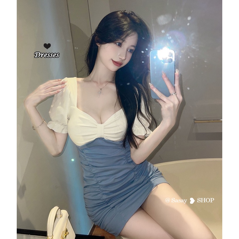Đầm Ngắn Ôm Dáng Tay Phồng Cổ Chữ v Xẻ Sâu Màu Sắc Tương Phản Thời Trang Mùa Hè Quyến Rũ Cho Nữ