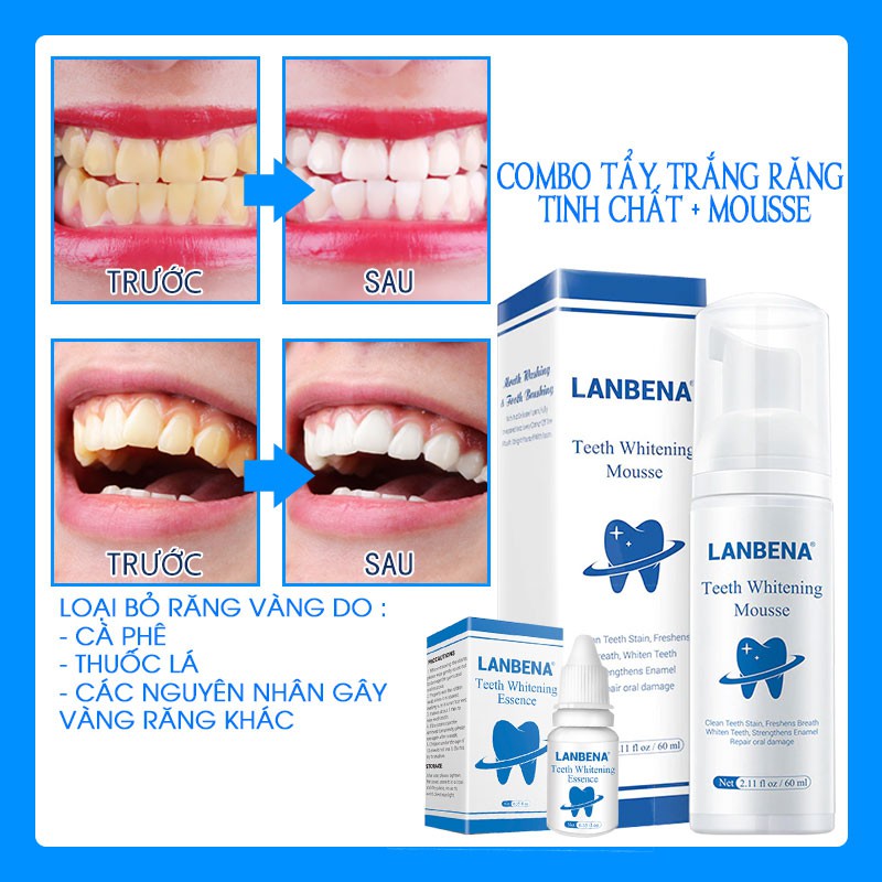 [Làm Sạch Răng] Combo 1 Tinh Chất Tẩy Trắng Răng + 1 Mousse Trắng Răng Vệ Sinh Răng 2 in 1 LANBENA