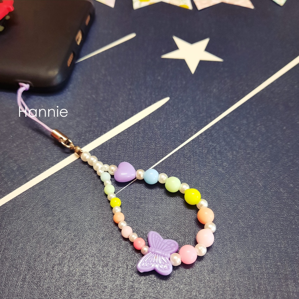 (Tím/Cam/Hồng/Xanh/Vàng) Móc khóa hạt trai pastel bướm - Phụ kiện dây treo điện thoại túi xách balo chìa khóa handmade