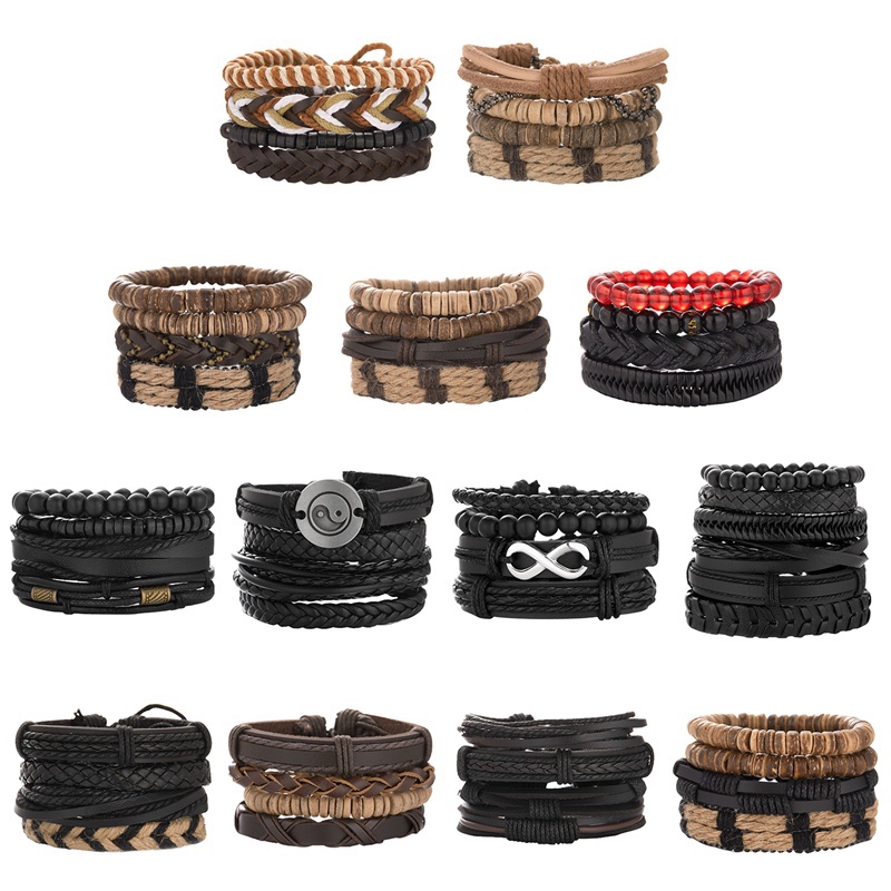 Vòng Đeo Tay Bằng Da Hình Mỏ Neo &amp;amp; 1 Bộ 3 / 4 Vòng Tay Chuỗi Hạt Phong Cách Vintage Cho Nam