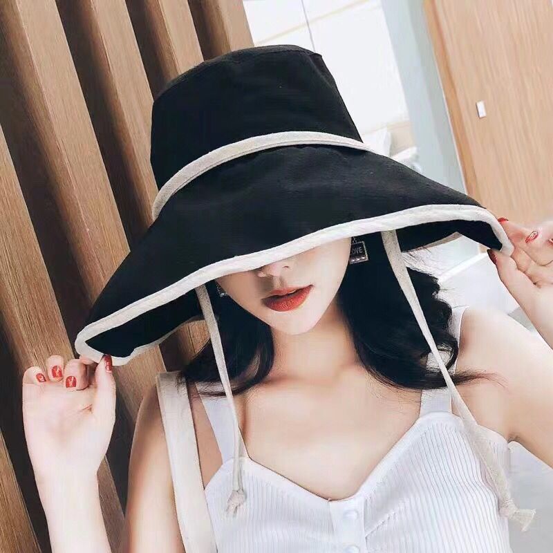 Mũ Vành Rộng Style Retro Trơn Kèm Dây Buộc Chống Rớt