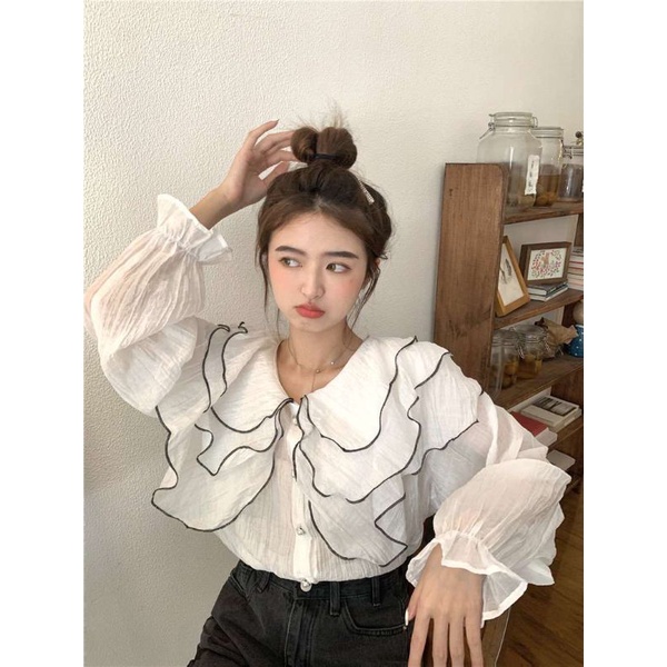 Áo babydoll tay dài cổ dật tầng đính khuy