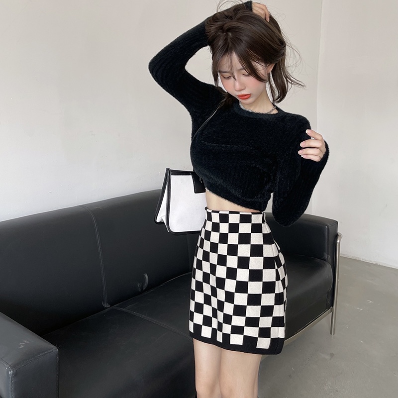 QKOOLE Chân váy  họa tiết caro lưng cao phong cách Hàn Quốc thời trang cho nữ