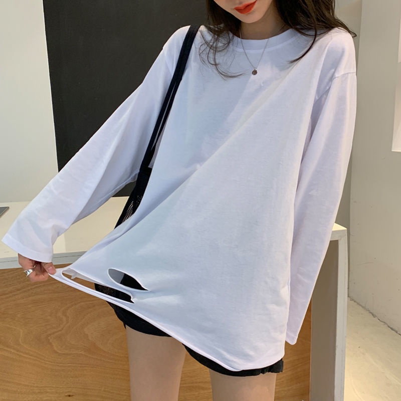 Áo thun dài tay xẻ tà phong cách Hàn Quốc, cotton tinh khiết, áo có đáy trong, áo dài giữa
