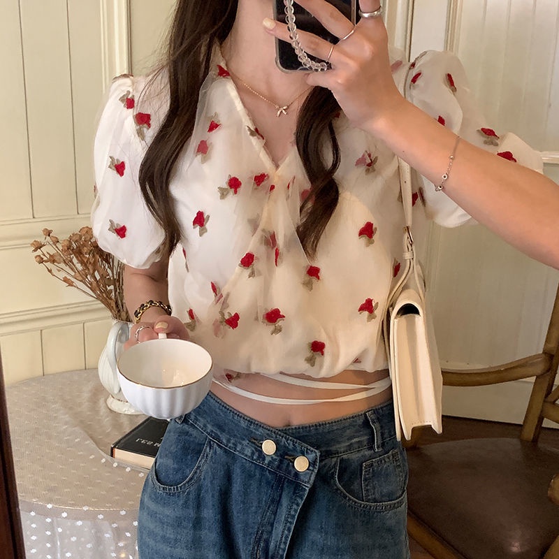 Áo Sơ Mi Voan Tay Phồng Cổ Chữ V Thêu Hoa Hồng Thời Trang Mùa Hè Cho Nữ