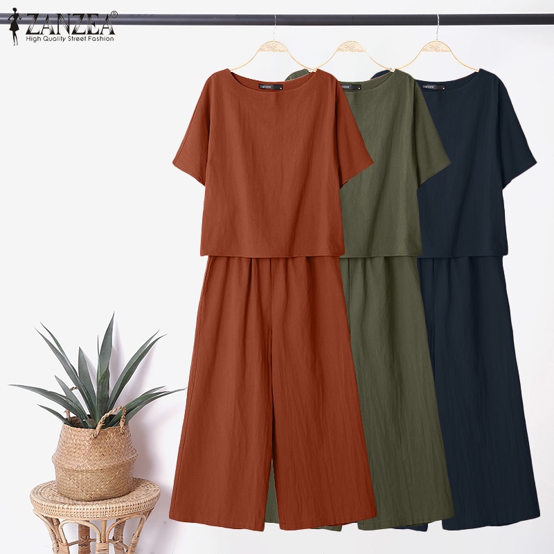 Set đồ Zanzea gồm áo thun ngắn tay cổ tròn kèm quần short lưng thun thời trang cho nữ