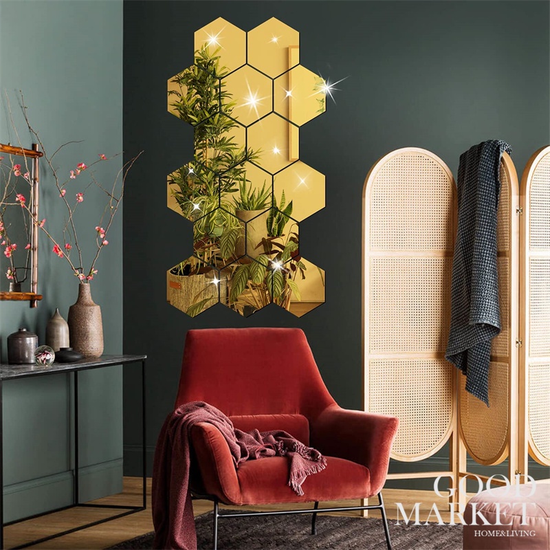 Bộ 12 Miếng Dán Acrylic Tráng Gương Hình Lục Giác 3d Độc Đáo Trang Trí Nhà Cửa