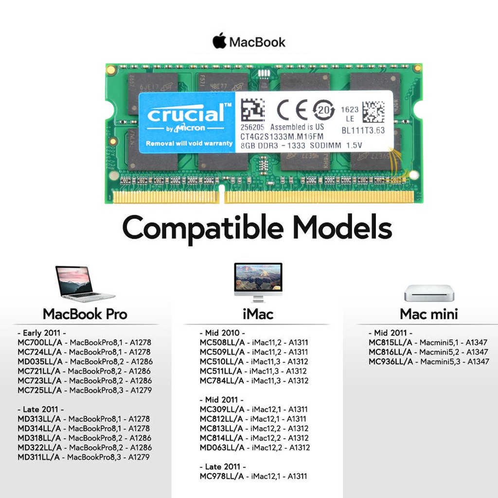 Crucial 8GB DDR3 1333Mhz SODIMM Laptop Memory RAM For MacBook Pro Early 2011, imac mid 2010, Mac mini mid 2011