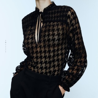Xả thanh lý Áo Zara sz M hoạ tiết Houndstooth phủ lông mịn,